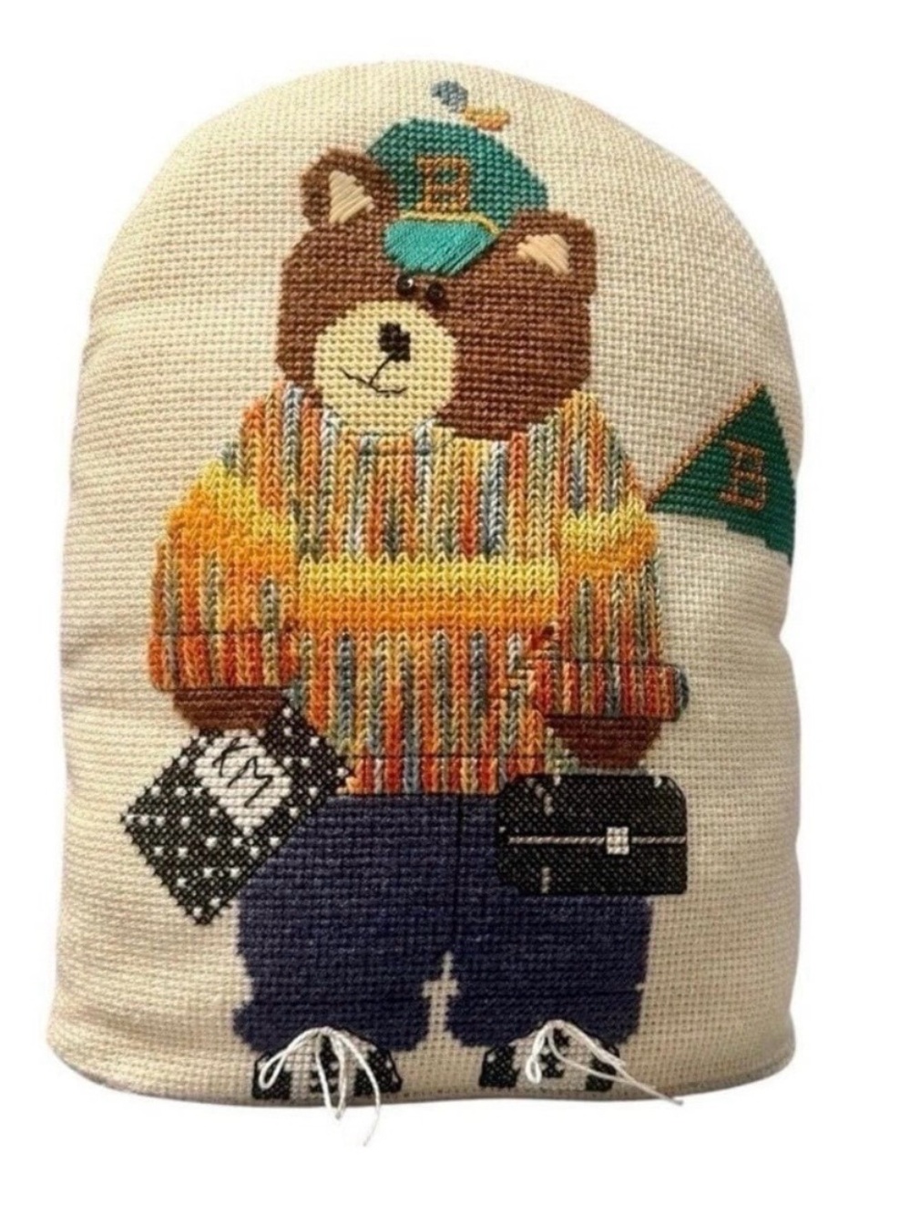 Collegiate Needlepoint Doorstop Teddy Bear Handcrafted Needlework Preppy Vintage